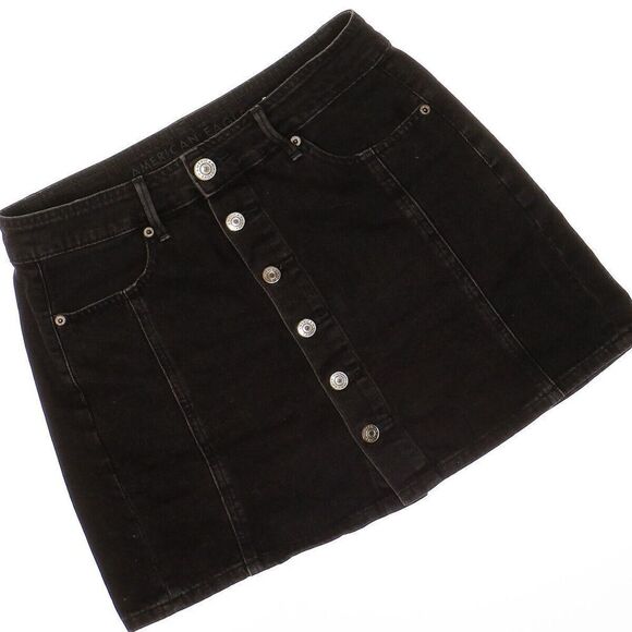 American Eagle Skirt Size 4 Womens Black Mid Rise A Line Denim Button Up 29x15.5 - Picture 2 of 7